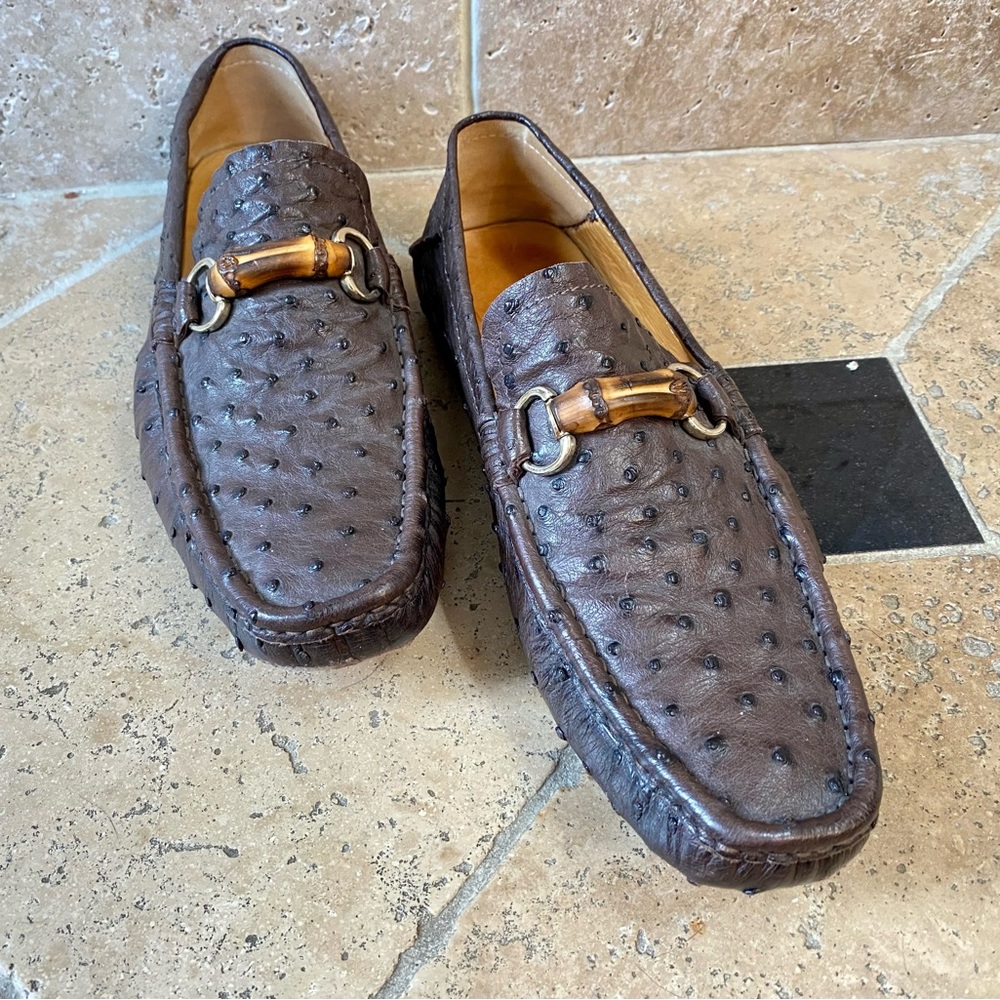 Gucci ostrich brown bamboo horse in loafer